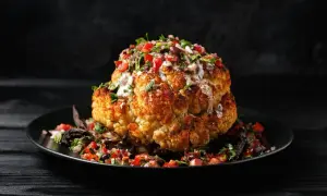 Ganz gebratener Blumenkohl mit Salsa und Sauce auf schwarzem Teller.