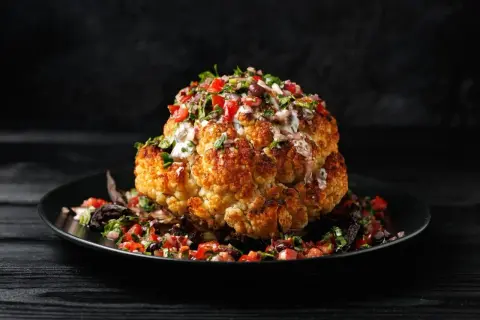 Ganz gebratener Blumenkohl mit Salsa und Sauce auf schwarzem Teller.