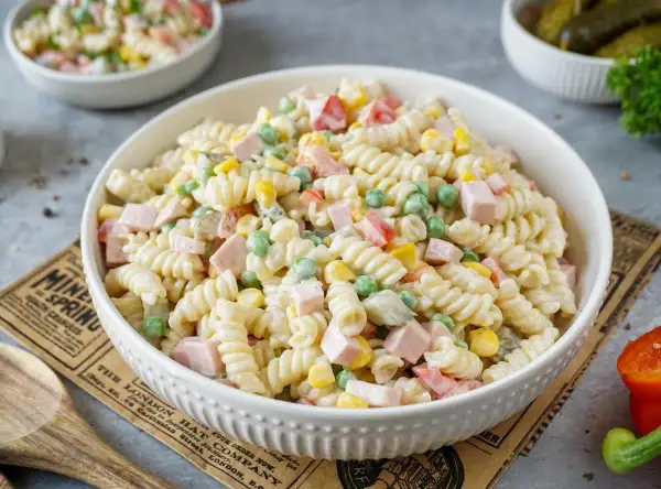 Cremiger Nudelsalat mit Spiralnudeln, Erbsen, Mais, Schinken und Paprika in einer weißen Schüssel.